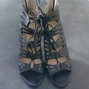 Black lace up open toe booties
